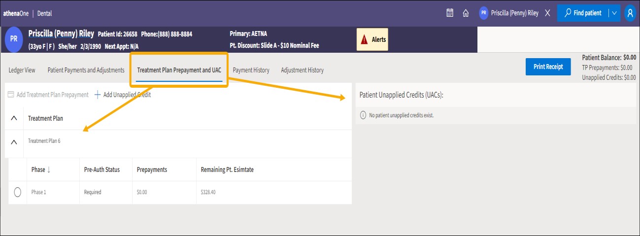 Treatment plan credit and UAC tab with yellow highlight box around it with arrows pointing towards each section.